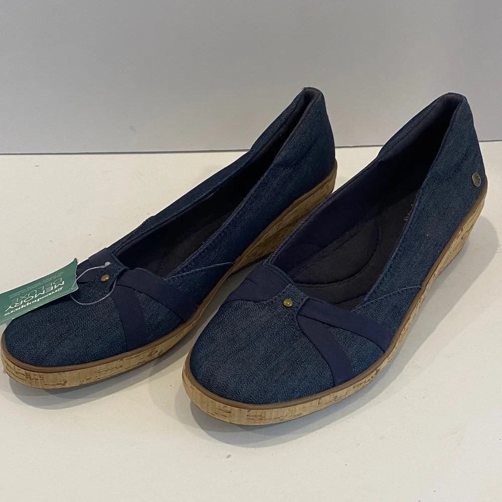 Grasshoppers Wedge Pumps Womens 6.5 Blue Denim New Memory Deluxe‎ Cork Heel